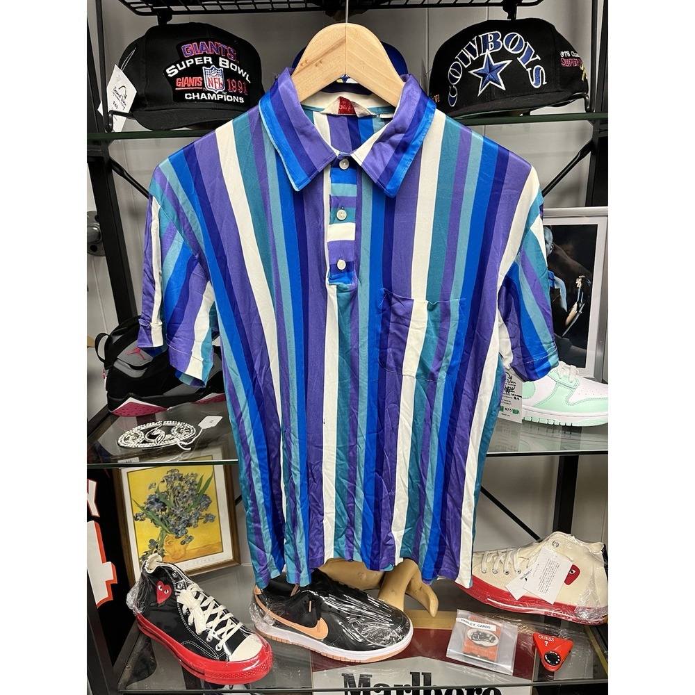 Vintage 1970s Horizon Knitwear Blue Purple Striped Poly Polo Shirt Size Medium